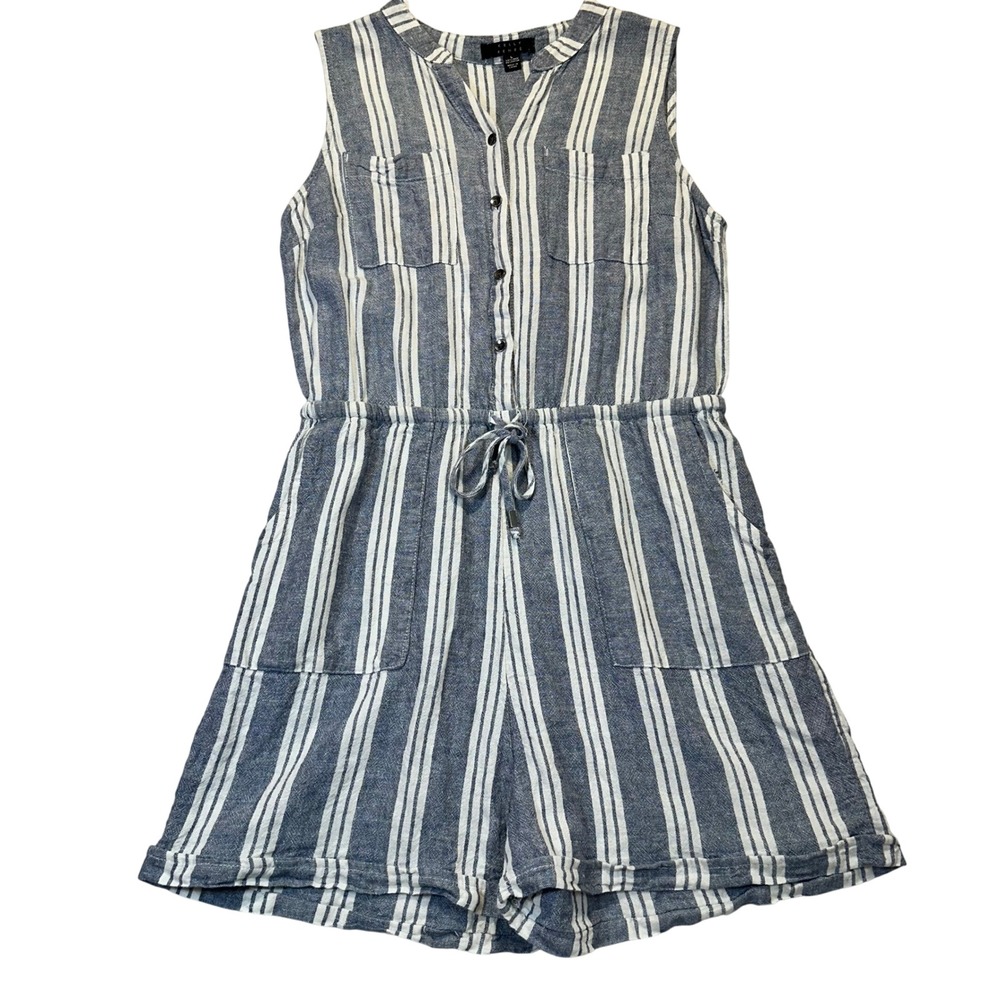 Kelly Renee Romper Women Large Blue White Striped Linen Blend Coastal Summer